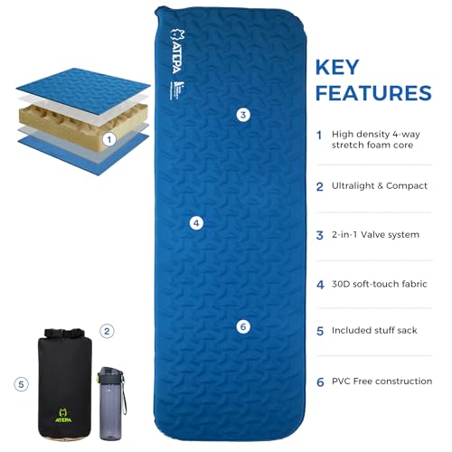 Image of ATEPA Self Inflating Sleeping Pad for Backpacking, 2.3 R-Value | 1.65lbs Ultralight, 3-Season Camping Mat, 1.2 inch Thick Insulated Foam, For Backpacking, Hiking, Trekking & Mountaineering