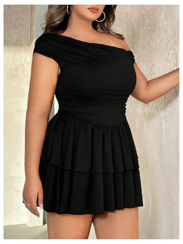 MakeMeChic Women's Plus Size Fall Dress Asymmetrical Neck Mini Dress Ruffle Tiered Cocktail Dresses3