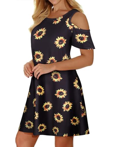 Image of Misyula Style Womens Summer Cold Shoulder Floral Flowy T-Shirt Dress with Pockets