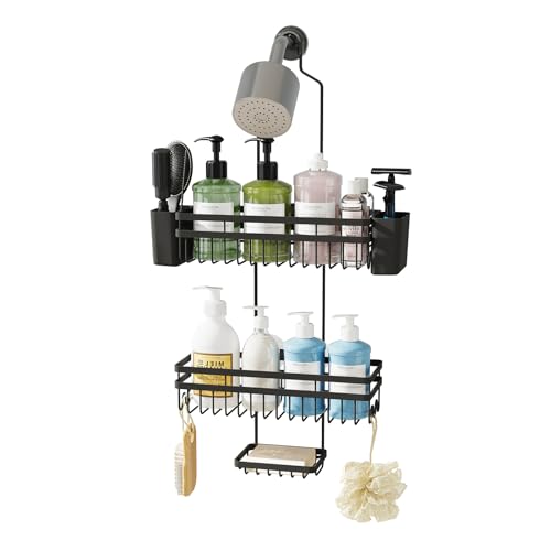 Shower Caddy Hanging for Bathroom Organizers and Storage,3 Tier Adjustable Anti-Swing Shower Organizer Hanging with Heavy-Duty Suction Cups, Damage-Free Rustproof (Black)