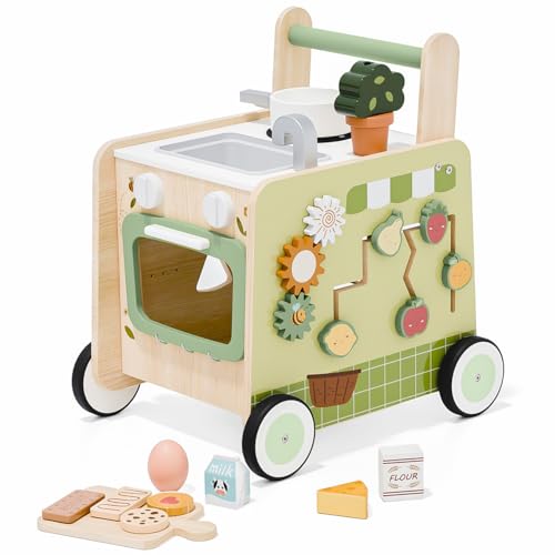 Image of Baby Push Walker -Wooden Push Walker Montessori Toy- Toddler Learning Activity Walker for Girls Boys 1-3 Years - Pretend Kitchen Playset Ideal for Toddlers（Green ）