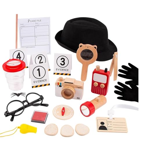 Image of Wudly Wooden Kids Detective Role Play Set - 15 Pieces Fancy Dress for Boys with Case File, Evidence Markers, Wooden Tools, and Costume Accessories, Detective Set, Costume for Kids