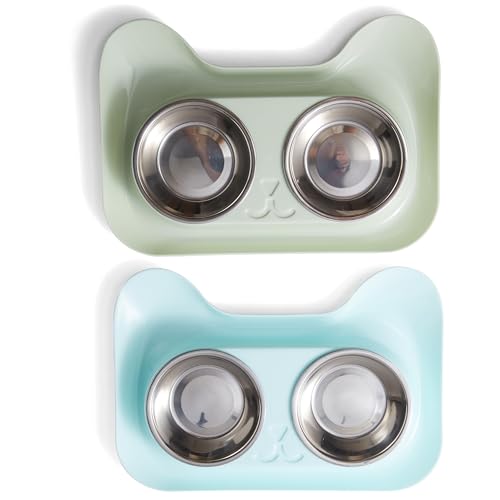 Cat Food Ant Barrier Bowl Tray 2-Pack Two Colors Ant Proof Cat Food Bowls with Water Moat Design 304 Stainless Inserts 360 Bowl Stand Feeding Station Easy-Clean Tray Indoor/Outdoor