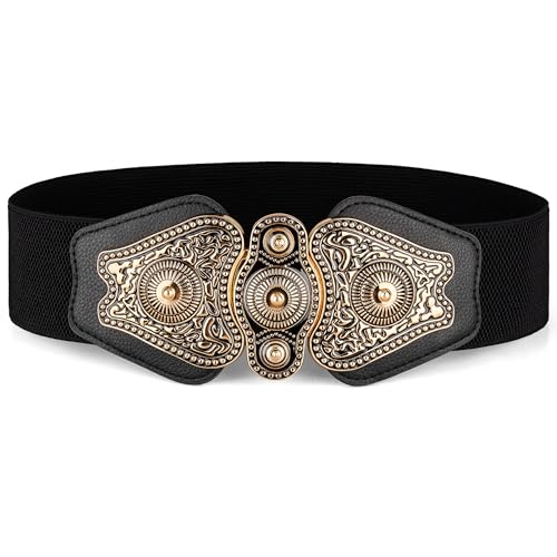 Womens Western Elastic Waist Wide Belt with Fashion Retro Buckle