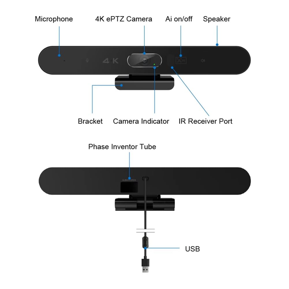 Cámara USB 4K Cámara Web Cámara de Videoconferencia con Micrófono y Altavoz Seguimiento con IA Enfoque Automático Captación de Voz de 360°