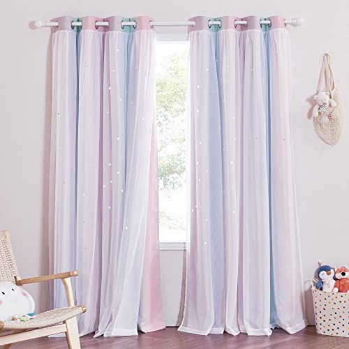 NICETOWN Curtains for Girls Bedroom Kids Curtain Star Blackout Colorful Stripes Window Drapes Curtain 84 inches Length Double Layer Curtains for Livin