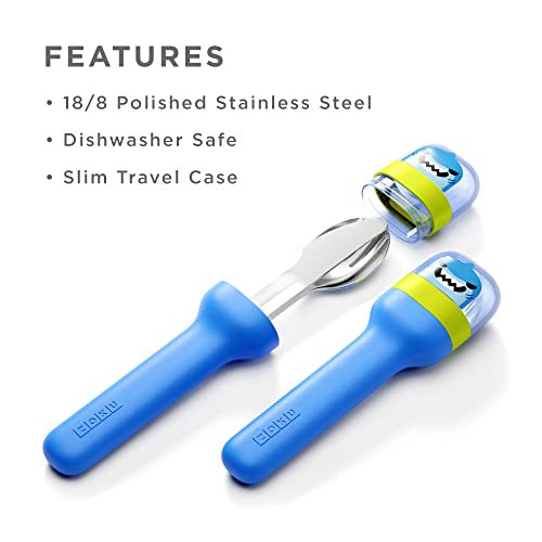 Image of Zoku Kids Stainless Steel Travel Cutlery Set - Fork, Knife & Spoon with Case (Shark Blue) | Reusable Portable Utensils for School, Picnics & Outdoor