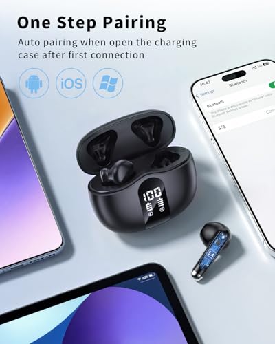 Image of Wireless Earbuds, 2026 Bluetooth 5.4 Headphones Bass Stereo Ear Buds with Noise Cancelling Mic, LED Display in Ear Earphones 50H Playtime Ear Buds, IP7 Waterproof for Laptop Pad Phones, Pure Black