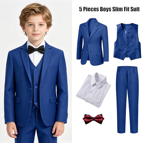 Image of Boys' Formal Suit 5 Piece Slim Fit Suits for Boy Kids Tuxedo Toddler Wedding Ring Bearer Outfit Teen Communion Dress