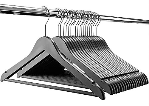 Image of WHISKET - Premium Wooden Clothes Hangers | 360 Chrome Swivel Hook | Non-Slip Notches for Shirts, Dresses & Coats | Space Saving Wardrobe Organizer.(Black) [Pack of 24]
