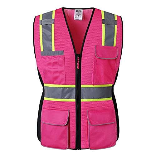 Jkwear Women Safety Vest, Multi Pockets High Visibility Reflective Breathable Mesh Work Vest For Lady, Durable Zipper (Medium, Pink Purple) #TOP2