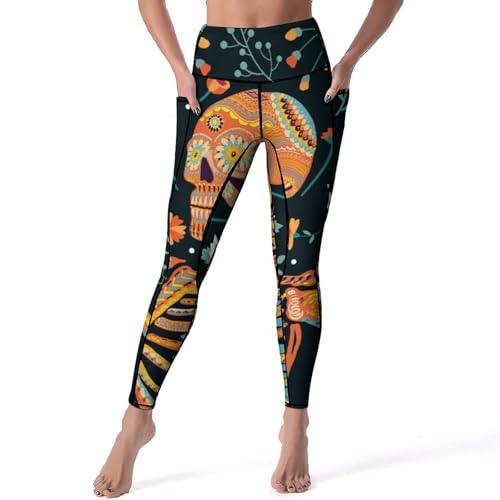 Legging imprimé squelette de fleur taille haute pour le sport fitness et yoga en taille S