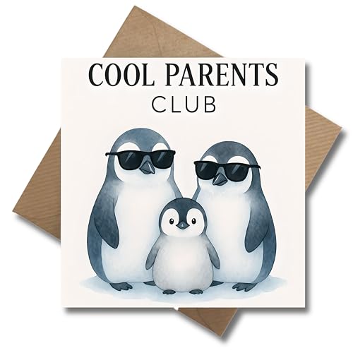 WBdesignz Grußkarte Cool Parents Club mit Umschlag - lustige Karte mit Pinguin-Familie in Sonnenbrillen zum Geburtstag, zur Eltern-Tagesfeier oder Geschenk - für Eltern, Mama, Papa (125 x 125 mm)
