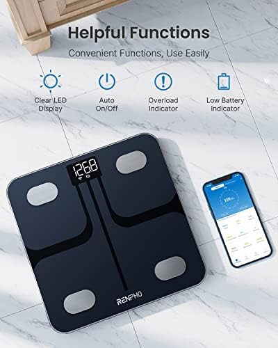 RENPHO Smart Wi-Fi Body Fat Scales for Body Weight, Digital Bathroom Weighing Bluetooth Scale, Body Composition Monitor BMI Scales with App for Fitness Track, Step-On Technology, Black, Elis Aspire