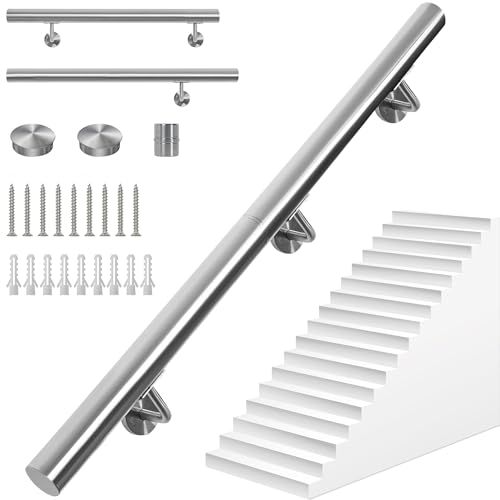 OUUTMEE 150CM Main Courante pour Escaliers en Acier Inoxydable, Rampe d'Escalier Murale avec Supports, Intérieure/Extérieure Main Courante pour Escaliers, Grenier, Porche, Garage et Terrasse (Argent)