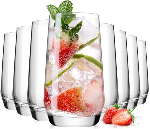 LUNA & MANTHA Drinking Water Glasses Set, Lead-Free Crystal Highball Glass, Tall Glass Cups for Cocktail Parties,Clear set of 8,16.2oz