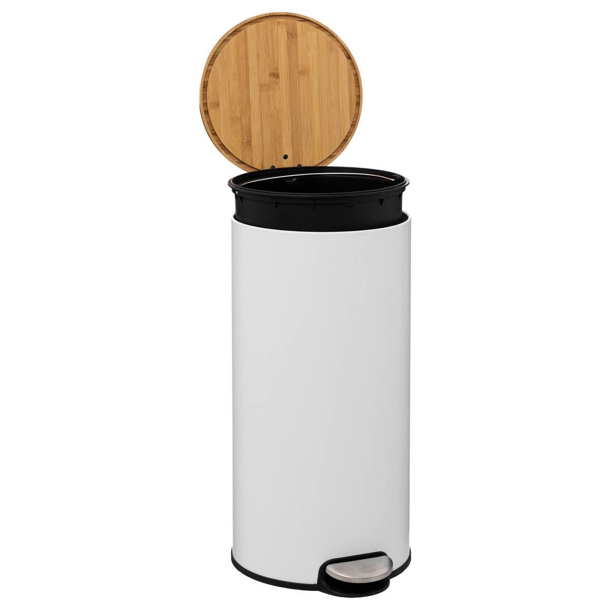 Five Poubelle 30 Litres en Métal Blanc et Couvercle en Bambou