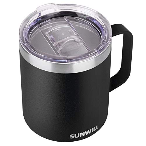 SUNWILL Coffee Mug with Handle 14oz Insulated Stainless Steel Reusable Coffee Cup Double Wall Coffee Travel Mug Powder Coated Black