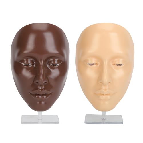 2 Set Makeup Practice Face 5D Silicone Full Face Makeup Mannequin Face with Stand for Emerging Makeup Artist (Black White Face)