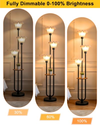 Image of Flower Floor Lamp for Living Room, Mid Century Modern Floor Lamp Dimmable with Shelf & LED Bulbs, 3 Light Black Vintage Floral Standing Tall Lamp for Bedroom Sofa Beside Corner Decor