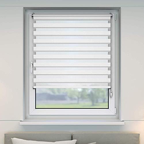 Best Panda Day and Night Zebra Roller Blind Double Fabric Translucent or Blackout Vision Curtains for Window and Door with Aluminium (Punch-White, 29.5" x 59")