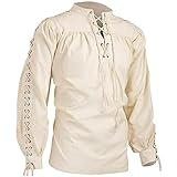 Men’s Medieval Renaissance Shirt Retro Lace-up Linen Pirate Costume Halloween Steampunk Viking Shirts Costume (Beige, M)