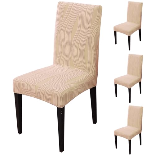 Image of HOKIPO 200 GSM Premium Knitting Jacquard Elastic Dining Table Chair Cover Set of 4, 'Nestiva Series' Blush Beige (AR-6072-BGE)