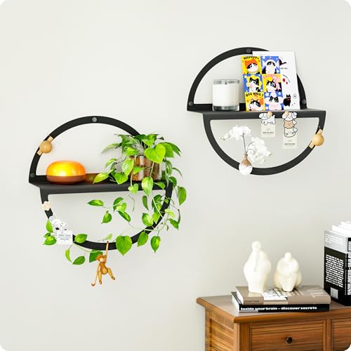 BUTUNITA Round Floating Shelves for Wall Modern Circular Wall-Mounted Displays in Black Metal for Living Room Bedroom & Bathroom Unique Hanging Decor & Storage Set of 2