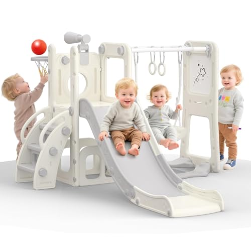 hoopyosms 8-in-1 Rutsche und Schaukel Set für Kleinkinder mit Whiteboard, Basketballkorb, Teleskop, Klettergerüst & Turnringen, Indoor Outdoor Spielplatz Aktivitätscenter für Kinder(Grau)