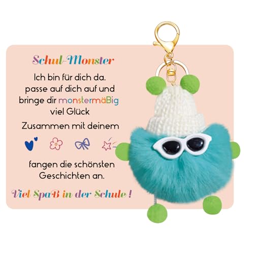 Geschenk Einschulung Schul Monster Plüsch, Einschulung Schlüsselanhänger, Glücksbringer Schule, Mutmacher Anhänger Mäppchen oder Ranzen (Blau Grün)