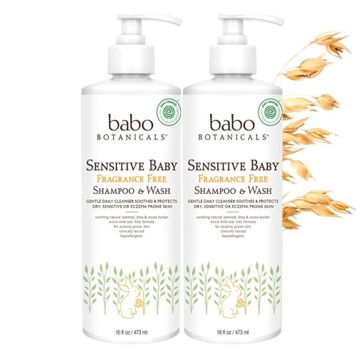 Babo Botanicals Sensitive Baby 2-in-1 Shampoo and Wash with Natural Oat Protein, Shea and Cocoa Butter, Unscented, 32 Fl Oz