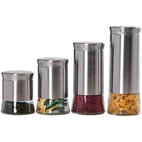 Linen Store Essence 4 Piece Stainless Steel Canister Set with Glass Window Modern Kitchen Organizer Food Storage Jars Cover