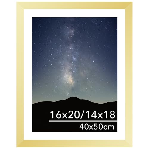 JCJMY 16x20 Picture Frame Gold with 14x18 Mat for 40 x 50cm Diamond Art Painting, Display Photo 14x18 with Mat or 16 x 20 Without Mat, Wall Hanging Large Frame with Plexiglass, Gold