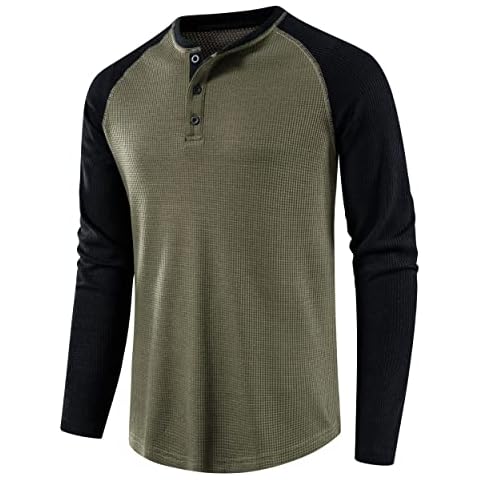 MUSE FATH Men’s Premium Long Sleeve Waffle Henley Shirt Casual Button Placket Running Tee-Army Green-S Cover