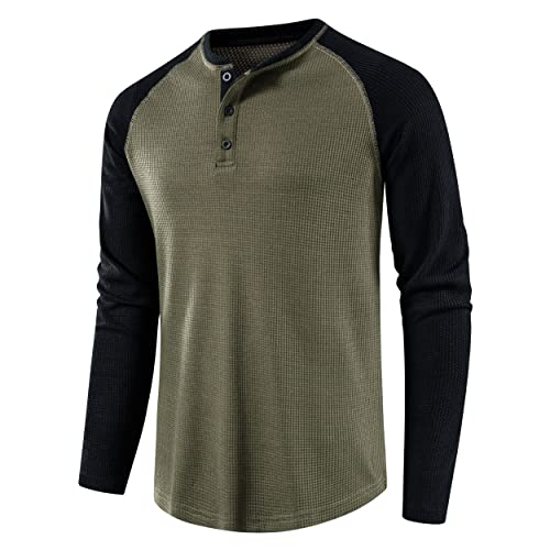 MUSE FATH Men’s Premium Long Sleeve Waffle Henley Shirt Casual Button Placket Running Tee-Army Green-S