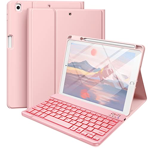 Hamile Keyboard Case for iPad 9th Generation /8th Gen/7th Gen 10.2 Inch - Backlit Detachable Wireless Stand Folio Keyboard Cover with Pencil Holder for iPad Pro 10.5" / iPad Air 3rd Gen (Pink) by Hamile - Used condition - US$16.39