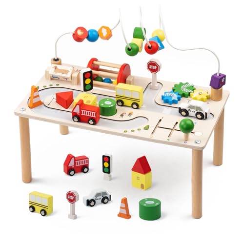 FMSKS 7-in-1 Activity & Montessori Spieltisch aus Holz, Baby Motorikspielzeug mit Formensortierer, Wooden Play Table Lernspielzeug ab 3 Jahre, Geschenk zum Geburtstag für Jungen und Mädchen