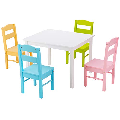 COSTWAY Kids Table and 4 Chairs, 5pcs Activity Playroom Furniture, Wooden Children Desk Chair Set for Preschool Girls Boys (White+Multicolor)