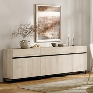 WAMPAT 3 in 1 Multifunctional Sideboard Buffet Cabinets, Modern Sideboard with Adjustable Shelf and Metal Base, Coffee Bar Cabinet Storage Cabinet for Living Room, Kitchen, Light Oak