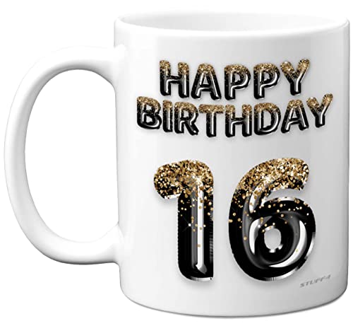 Stuff4 16th Birthday Gift for Boys - Black Gold Glitter Balloons - Happy Birthday Mug Present for 16 Year Old Son Brother Grandson Cousin Friend, 11oz Ceramic Dishwasher Safe Coffee Mugs Cup