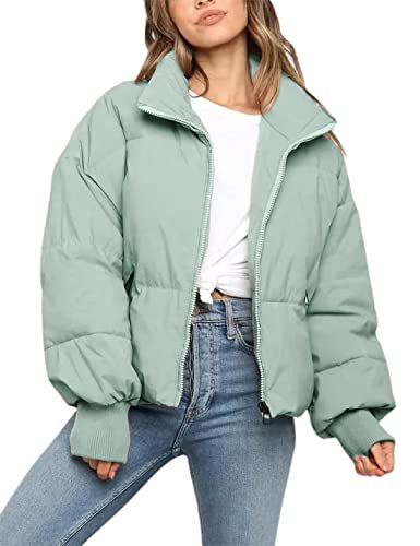 Image of Sukany Women's Winter Casual Padded Full Zip Stand Collar Long Sleeve Puffer Jackets Coat Short Down Warm Quilted Jacket Grass Green XS
