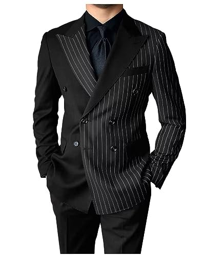 HZUOU Men's 2 Piece Striped Suits Slim Fit 2023 Autumn Double Breasted Blazer Jacket Pants Set for Wedding Prom Party UOU35