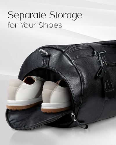 Mens Leather Travel Duffel Bag with Shoe Compartment, Secret Air Tag Holder, Removable Strap - Mens Travel Bag, Gym, Overnight Bag, Leather Duffle Bags for Men Designed in LA4