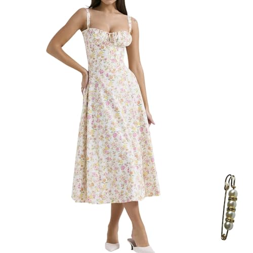 Image of Floral Corset Midi Dress Square Neck A Line Dress with Slit