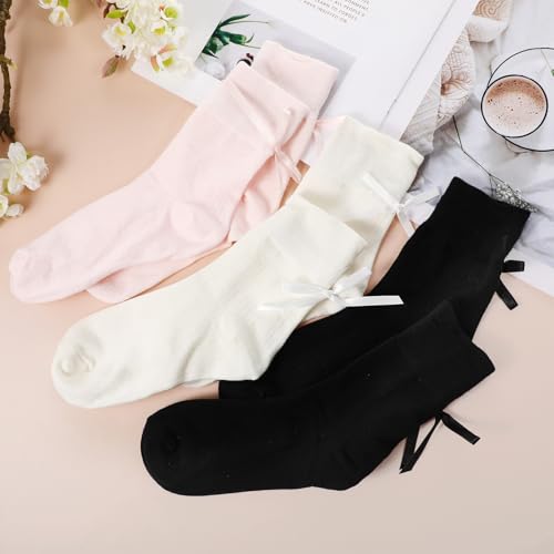 3 Pairs Women Socks Bow Crew Socks Cotton Sweet Breathable Black White Pink Soft Girls Ribbon Bow Socks4