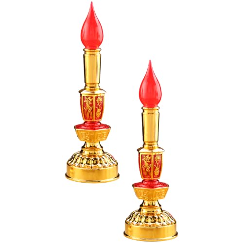 2 lámparas de vela eléctrica china, lámpara LED budista con doble llama roja brillante, suministros religiosos de vela eléctrica retro para el templo del altar, adoración en el hogar, batería o