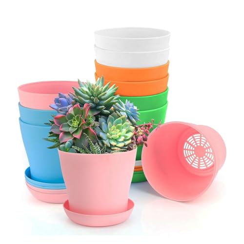 Pots de Fleurs,10 Pièces Petits Pot de Fleur,10cm Colorés Petits Pot Plastique Plante avec Soucoupe,pour intérieur,extérieur, décoration d'intérieur,...