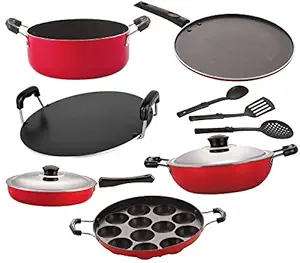 Nirlon Non-Stick Coated, Dishwasher Safe Aluminium Cookware Utensil Combo Gift Set Offer-9 Pieces [26_FP13_DKDB_AP_RT_Cass20_ST11_3SPN]