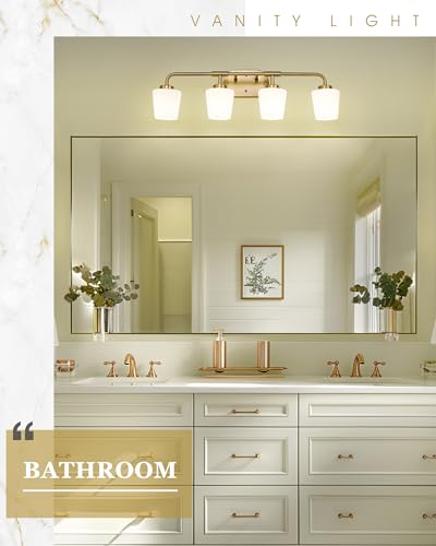 Image of Bathroom Light Fixtures Over Mirror, 4-Light Brushed Gold Vanity Lighting Fixtures with Milk White Glass, Farmhouse Champagne Bronze Wall Sconces Lighting, AD-22004-4W-GD