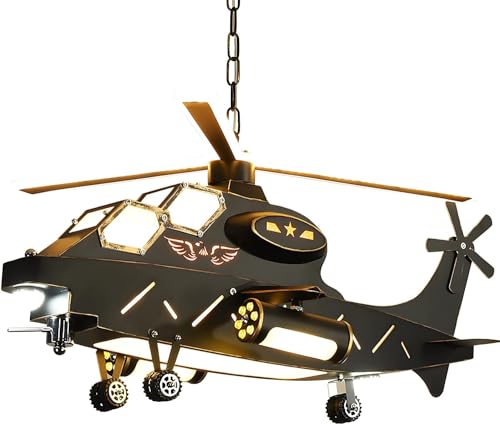 Image of Modern Chandelier, Ceiling Light LED Pendant Light,Modern Cartoon Airplane Boys Room Light Fixture, Cool Military Helicopter Chandelier Black Metallic Ceiling Lamp Compatible with 's Room Bedroom , vi